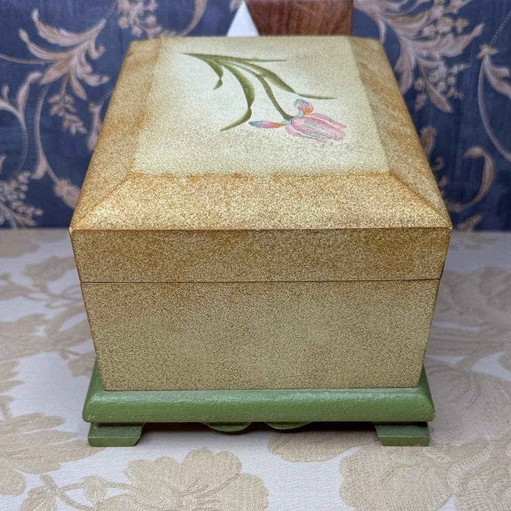 Vintage Painted Wood Jewelry Box Trinket Box Chest with Pale Pink Flowers